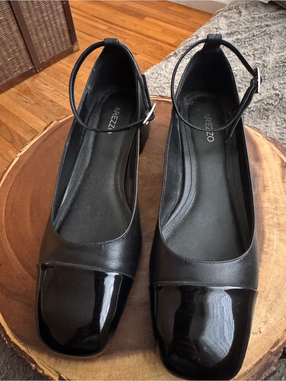 Arezzo Chloe Black Ankle-Strap Block Heel Pumps with Glossy Cap Toe